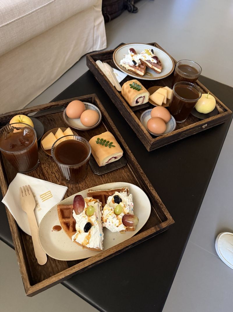 Breakfast trays at the Boman Oasis Resort, Dunhuang