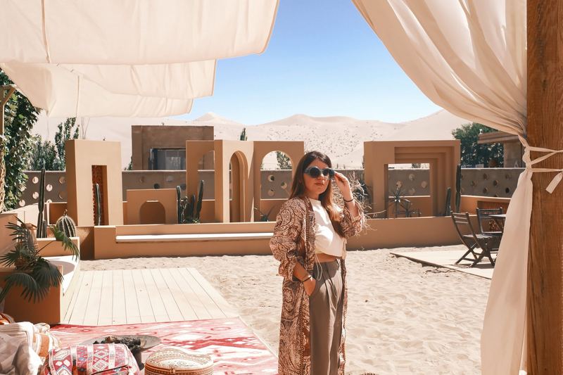 Linen cabana at the Boman Oasis Resort with the dunes in the background