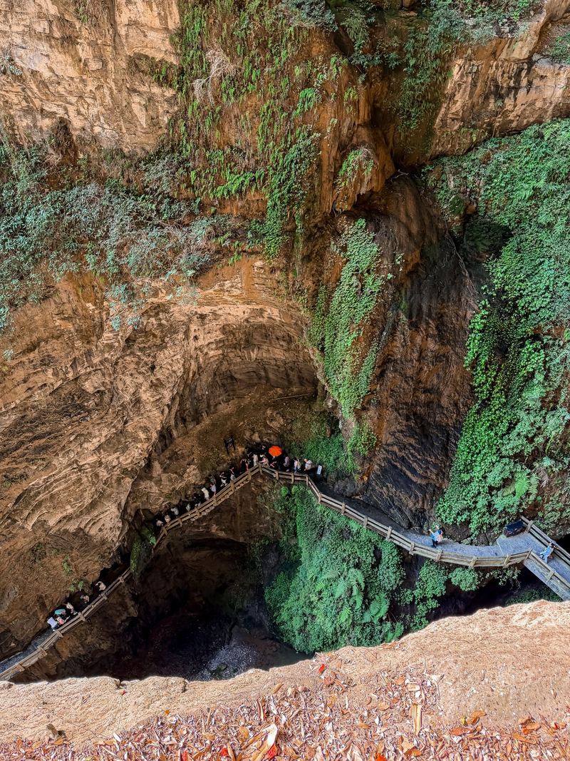 Looking down on a zigzag walkway inside Longshuixia gorge