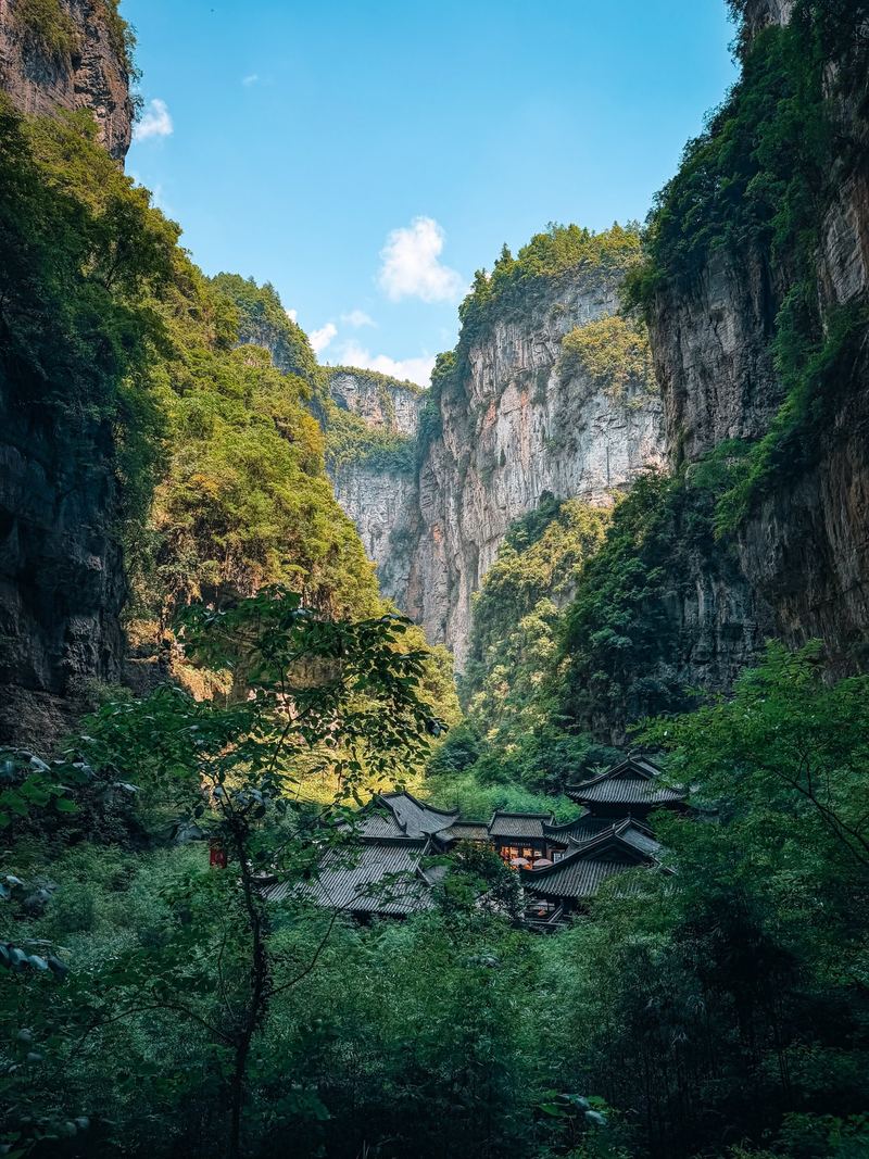 The Tianfu Post film set in the green valley of the Three Natural Bridges, Wulong