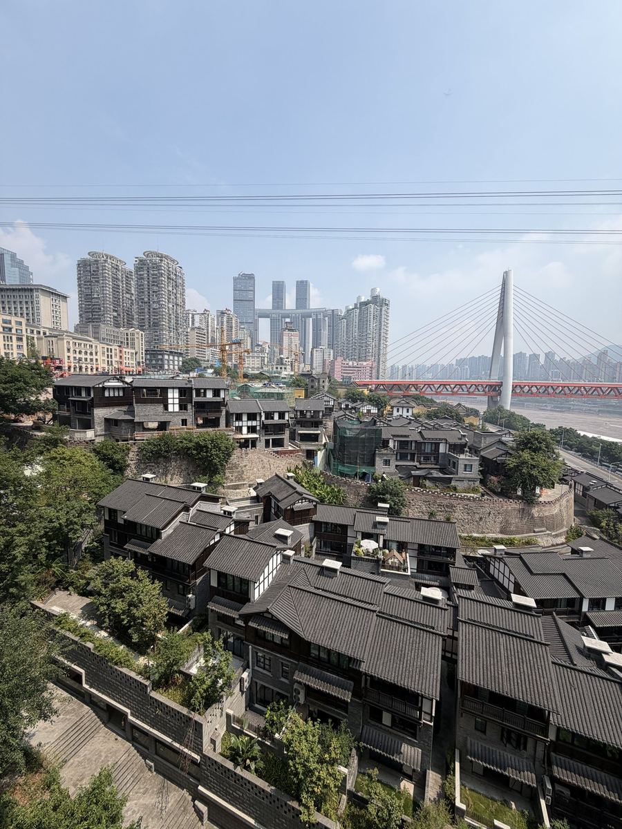 Grey tiled roofs of old Chongqing below Baixiangju, with the Yangtze and a bridge in the distance
