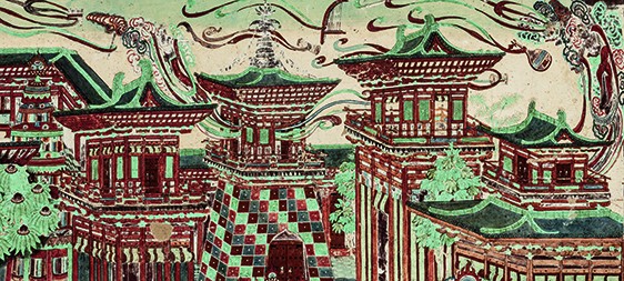 Tang dynasty palaces with green and red roofs, mural in Mogao Cave 217
