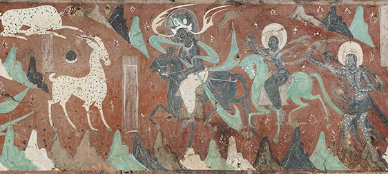 The white deer story painted on a red ground, mural in Mogao Cave 257