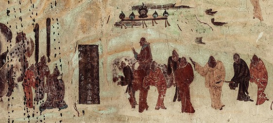 A procession of travellers and a horse, mural in Mogao Cave 323